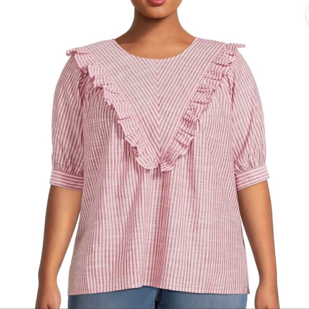 Women’s Short Sleeve Ruffle Woven Stripe Shirt Blouse Plus Size 3X